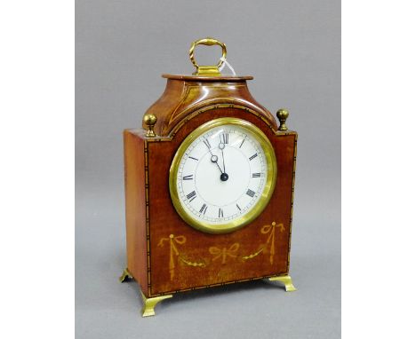 Mahogany and inlaid mantle clock with brass mounts, 21cm high, excluding handle