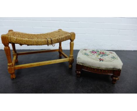 Mahogany inlaid footstool with tapestry top together with another, 26 x 46cm (2) 