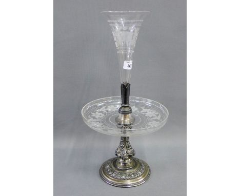 Epns and etched glass table epergne, 46cm high 