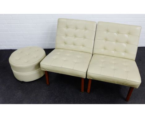 Pair of cream vinyl button back chairs, together with matching stool, 70 x 58cm, (3) 
