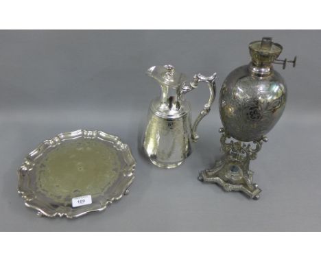 Victorian paraffin lamp base, coffee pot and salver, (3) 