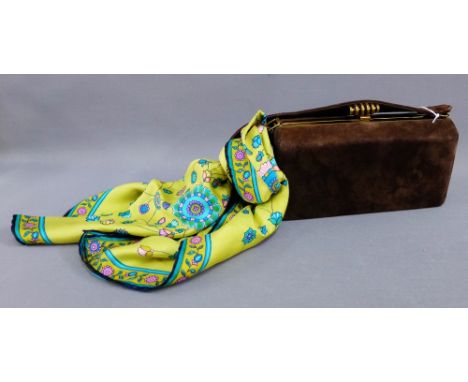 Vintage Hardy Amies silk scarf and ladies brown suede handbag with gilt metal mount, (2) 