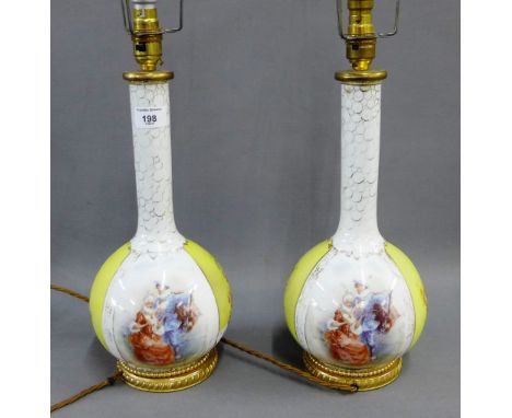 Pair of Dresden yellow and white glazed porcelain table lamp bases, 35cm high, excluding light fittings, (2) 