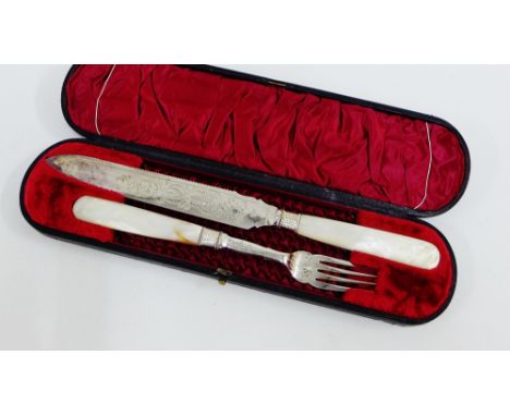 Epns and mother of pearl cake knife and fork serving set 