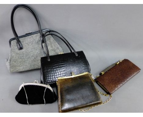 Five ladies vintage handbags to include an Ostrich skin and Snakeskin and an Austin Reid tweed style bag (5) 