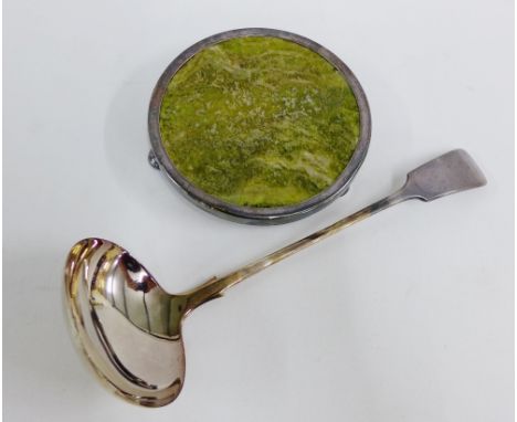 Green circular hardstone pot stand with Epns mounts together with an Epns soup ladle (2) 