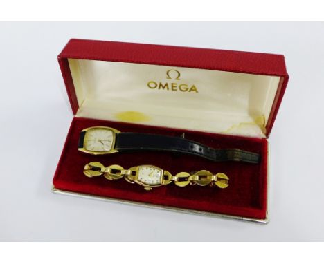 Ladies vintage 14 carat gold Omega wristwatch on bracelet strap, stamped 14k together with a 9 carat gold cased wristwatch (a