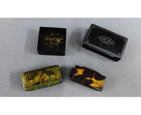 Three lacquered papier mache snuff boxes, together with a tortoiseshell and horn snuff box (4) 