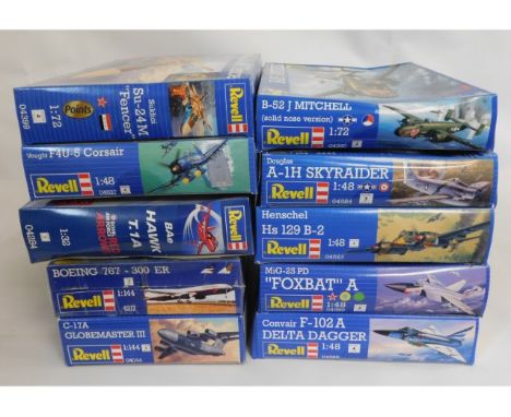 Ten boxed Revell 1:32, 1:48 &amp; 1:72 scale model aircraft kits, present as unused &amp; complete