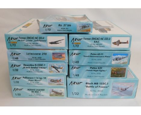 Ten boxed Azur 1:32, 1:48 &amp; 1:72 scale model aircraft kits, present as unused &amp; complete