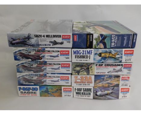 Ten boxed Academy 1/48 &amp; 1/72 scale model aircraft kits, present as unused &amp; complete