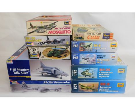 Ten boxed 1:32, 1:48 &amp; 1:72 scale model aircraft kits including Revell, Zvezda, Monogram &amp; Revell Monogram, present a