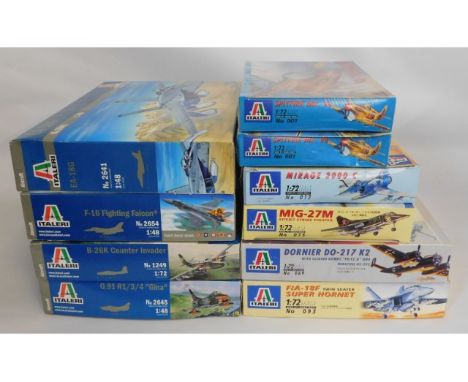 Ten boxed Italeri 1:48 &amp; 1:72 scale model aircraft kits, present as unused &amp; complete