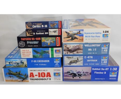 Seven boxed Trumpeter &amp; three Roden 1:24, 1:32, 1:48 &amp; 1:72 scale model aircraft kits, present as unused &amp; comple