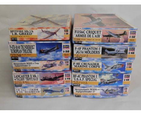 Ten boxed Hasegawa 1:32, 1:48 &amp; 1:72 scale model aircraft kits, present as unused &amp; complete