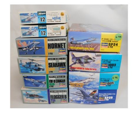 Ten boxed Hasegawa 1:72 scale model aircraft kits, present as unused &amp; complete