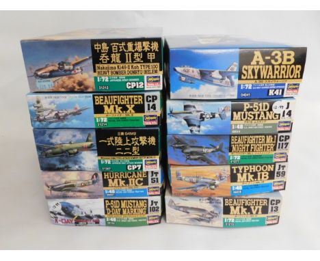 Ten boxed Hasegawa 1:48 &amp; 1:72 scale model aircraft kits, present as unused &amp; complete