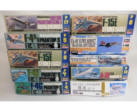 Ten boxed Hasegawa 1:32 &amp; 1:48 scale model aircraft kits, present as unused &amp; complete