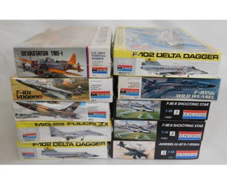 Ten boxed Monogram 1:48 scale model aircraft kits, present as unused &amp; complete