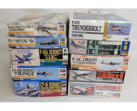 Ten boxed Hasegawa 1:32, 1:48 &amp; 1:72 scale model aircraft kits, present as unused &amp; complete