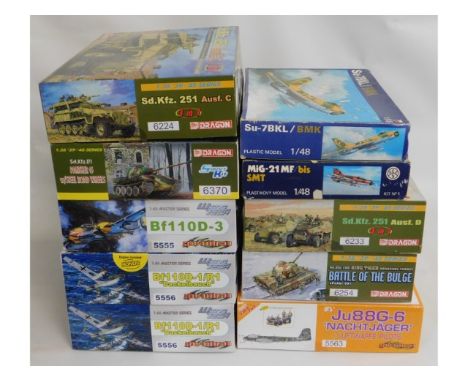 Eight boxed Dragon &amp; two ZSE Czech 1:35 &amp; 1:48 scale model aircraft, tank &amp; vehicle kits, present as unused &amp;