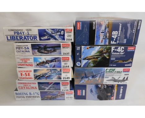 Ten boxed Academy 1:48 &amp; 1:72 scale model aircraft kits, present as unused &amp; complete