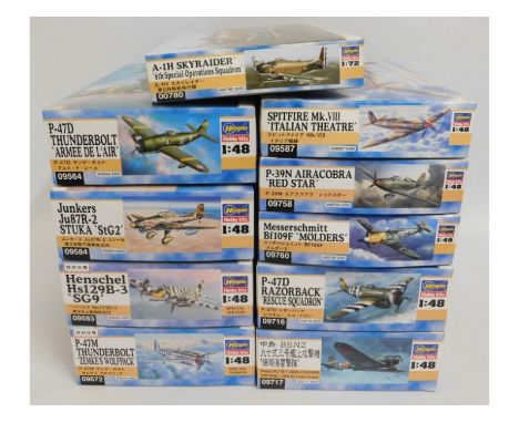 Ten boxed Hasegawa 1:32 &amp; 1:48 scale model aircraft kits, present as unused &amp; complete