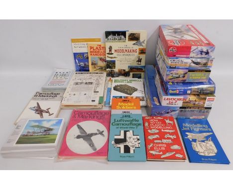 Six 1:48 scale model kits Airfix, Revell, Hasegawa, Dragon (2) &amp; Academy, a large quantity of decals for modelling, books