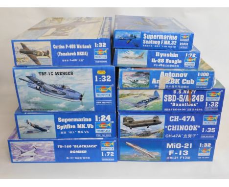 Ten boxed Trumpeter 1:32, 1:35, 1:72 &amp; 1:100 scale model aircraft kits, present as unused &amp; complete