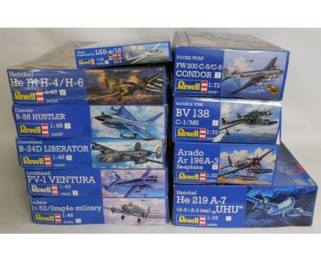 Ten boxed Revell 1:32, 1:48 &amp; 1:72 scale model aircraft kits, present as unused &amp; complete