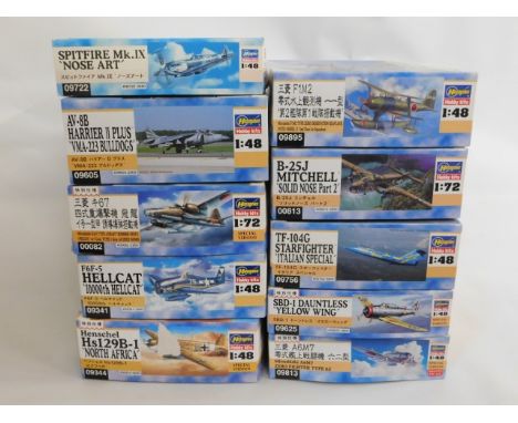 Ten boxed Hasegawa 1:48 &amp; 1:72 scale model aircraft kits, present as unused &amp; complete