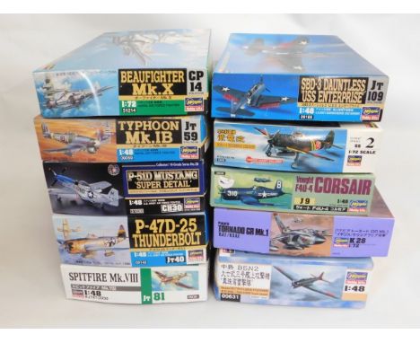 Ten boxed Hasegawa 1:48 &amp; 1:72 scale model aircraft kits, present as unused &amp; complete