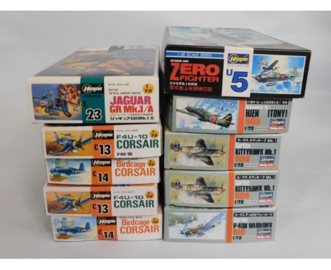 Ten boxed Hasegawa 1:72 scale model aircraft kits, present as unused &amp; complete