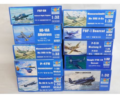 Ten boxed Trumpeter 1:32 &amp; 1:48 scale model aircraft kits, present as unused &amp; complete