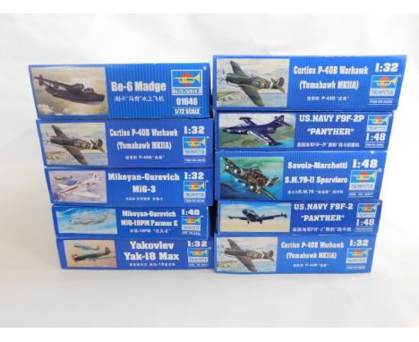 Ten boxed Trumpeter 1:32 &amp; 1:48 scale model aircraft kits, present as unused &amp; complete