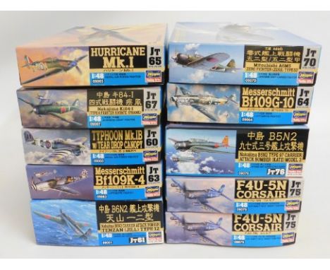 Ten boxed Hasegawa 1:48 scale model aircraft kits, present as unused &amp; complete