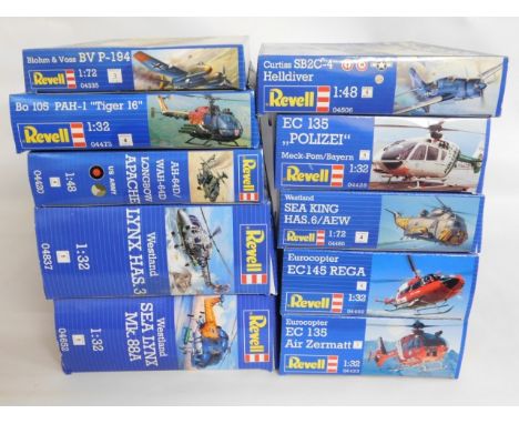 Ten boxed Revell 1:32, 1:48 &amp; 1:72 scale model aircraft kits, present as unused &amp; complete