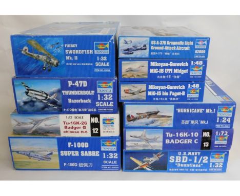 Ten boxed Trumpeter 1:32, 1:48 &amp; 1:72 scale model aircraft kits, present as unused &amp; complete