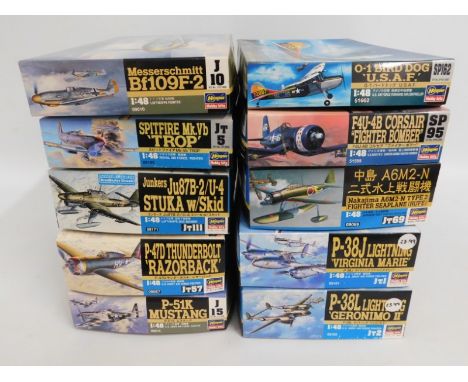 Ten boxed Hasegawa 1:48 scale model aircraft kits, present as unused &amp; complete