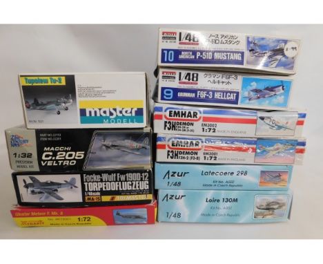 Ten boxed 1:32, 1:48 &amp; 1:72 scale model aircraft kits including Azur, Emhar, ARII, Trimaster, 21stCentury, Master, Testor