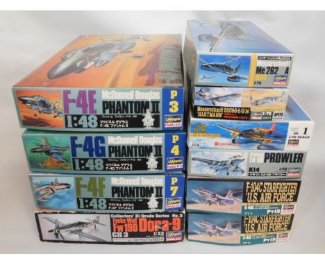 Ten boxed Hasegawa 1:48 &amp; 1:72 scale model aircraft kits, present as unused &amp; complete