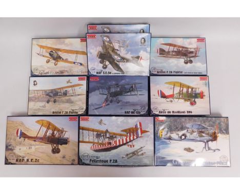 Ten boxed Roden 1:48 &amp; 1:72 scale model aircraft kits, present as unused &amp; complete