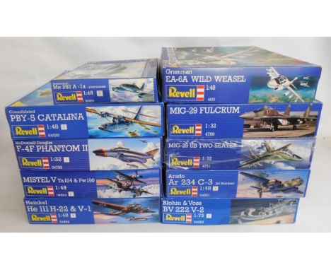 Ten boxed Revell 1:32, 1:48 &amp; 1:72 scale model aircraft kits, present as unused &amp; complete