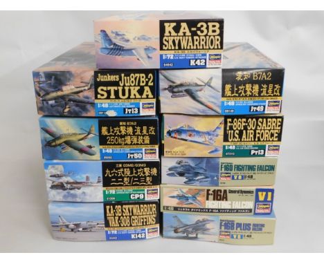 Ten boxed Hasegawa 1:48 &amp; 1:72 scale model aircraft kits, present as unused &amp; complete