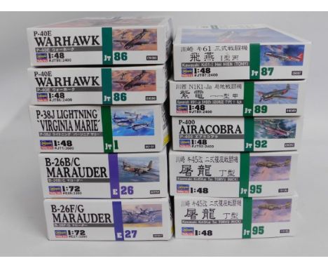 Ten boxed Hasegawa 1:48 &amp; 1:72 scale model aircraft kits, present as unused &amp; complete