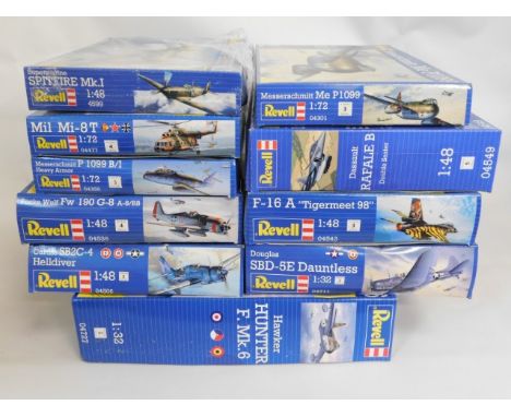 Ten boxed Revell 1:32, 1:48 &amp; 1:72 scale model aircraft kits, present as unused &amp; complete