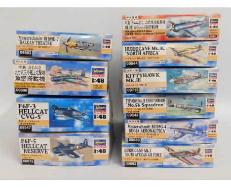 Ten boxed Hasegawa 1:48 scale model aircraft kits, present as unused &amp; complete