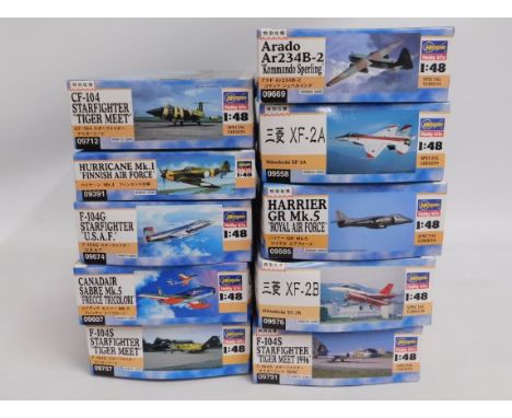Ten boxed Hasegawa 1:48 scale model aircraft kits, present as unused &amp; complete
