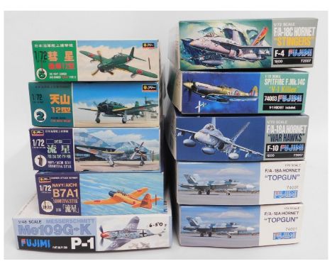 Ten boxed Hasegawa 1:48 &amp; 1:72 scale model aircraft kits, present as unused &amp; complete