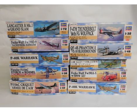 Ten boxed Hasegawa 1:32, 1:48 &amp; 1:72 scale model aircraft kits, present as unused &amp; complete